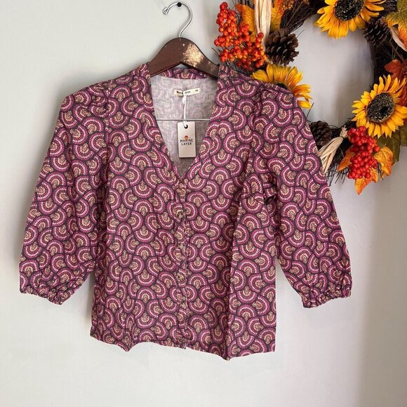Marine Layer Printed Colette Doublecloth Top Extra Small Fan Block Print - Picture 1 of 8